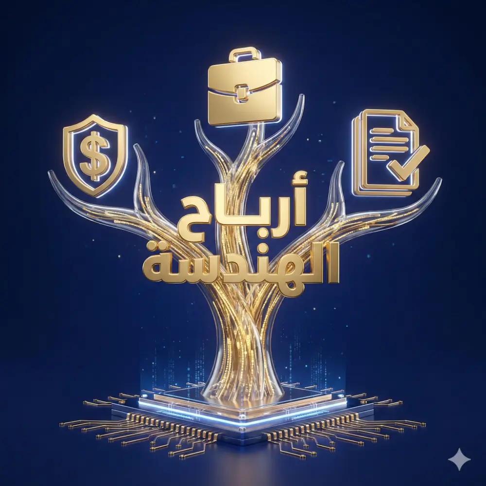 عمل فني ثلاثي الأبعاد يمثل مصادر دخل مهندس الأوامر، يظهر شجرة رقمية ذهبية تنمو من رقاقة إلكترونية وتتفرع لأيقونات تمثل الدولار، العمل الحر، والقوالب الجاهزة.