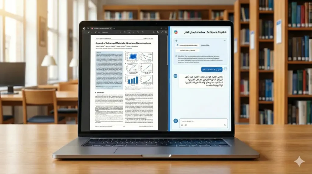 محاكاة لواجهة SciSpace Copilot تظهر كيفية طلب شرح مبسط لفقرة من داخل ملف PDF علمي.