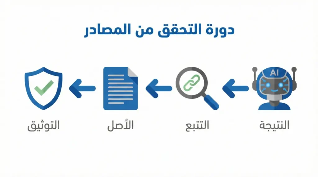 مخطط إنفوجرافيك يوضح خطوات التحقق الأربع للتأكد من صحة المصادر العلمية الناتجة عن الذكاء الاصطناعي.