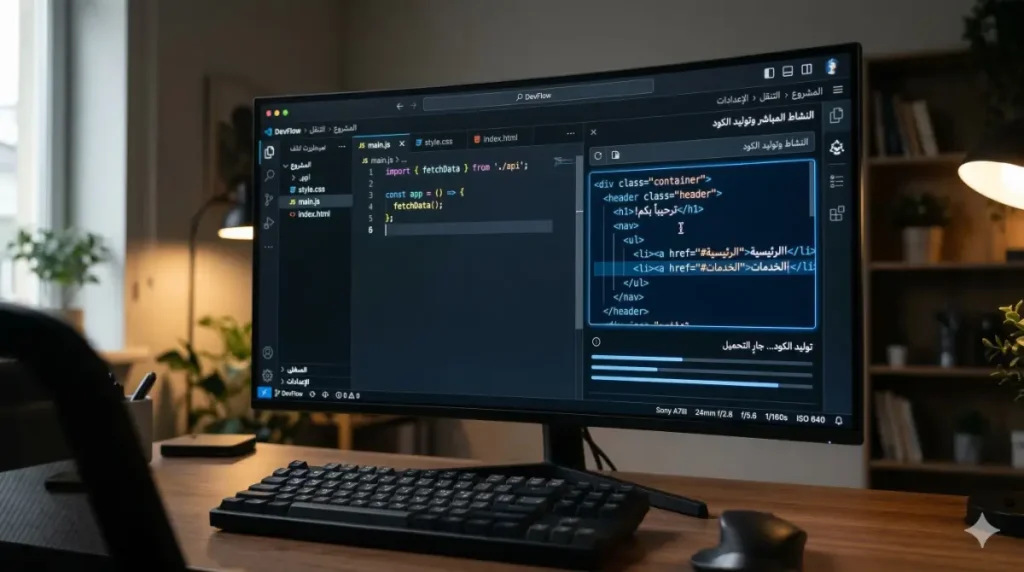 واجهة تطوير برمجية تظهر عملية توليد كود HTML و JavaScript باللغة العربية باستخدام الذكاء الاصطناعي مع لوحة نشاط مباشر.📌