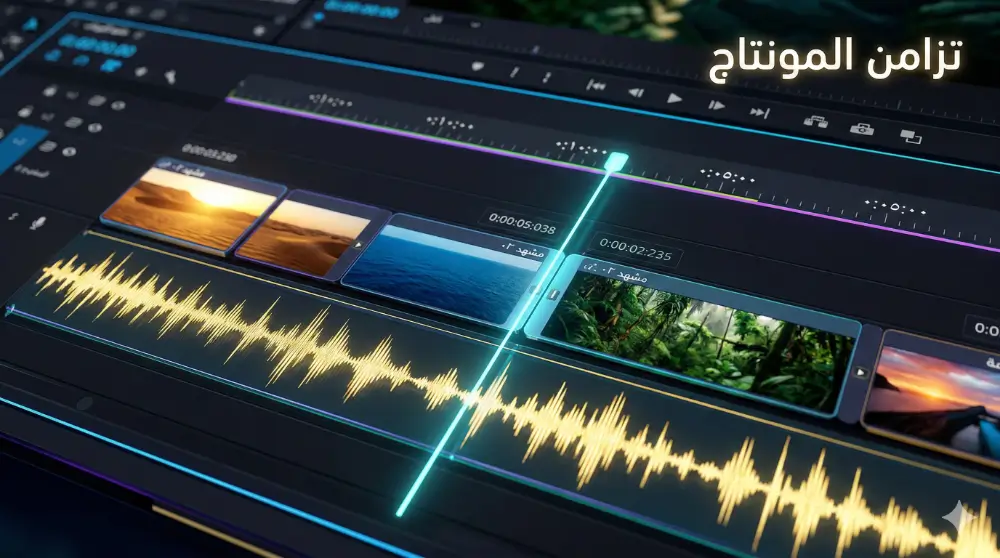 تمثيل بصري لتزامن موجات الصوت مع لقطات الفيديو في جدول زمني موجه من اليمين لليسار