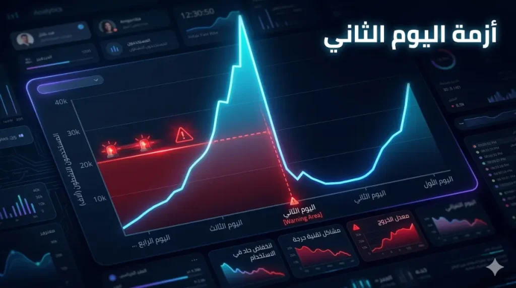 مخطط تحليل يوضح أزمة اليوم الثاني (Day 2 Crisis) التي تسببها هشاشة الأكواد عند استخدام أفضل منصات No-Code AI بدون تخطيط معماري.