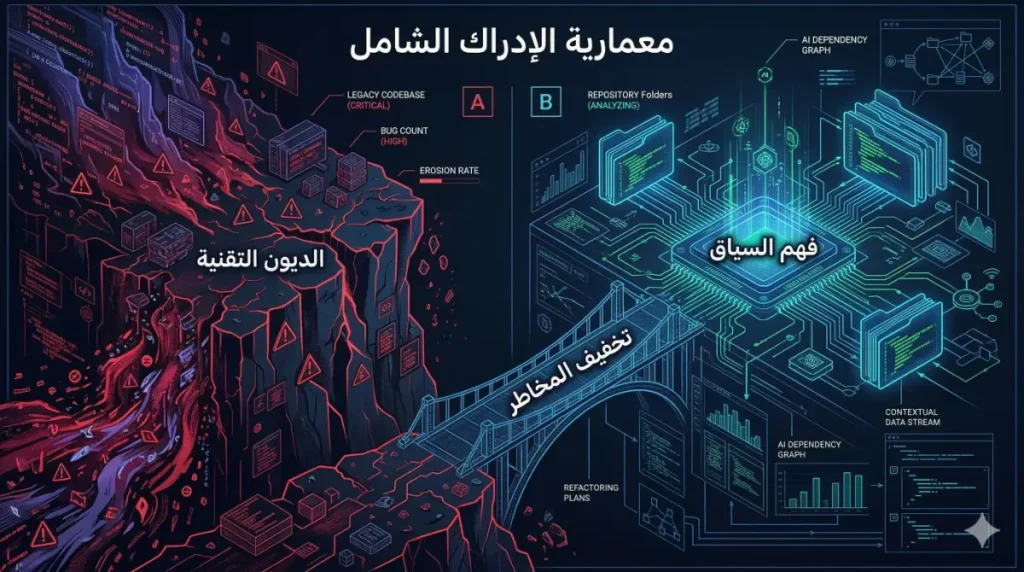 مخطط معماري يحلل الهاوية التقنية ويوضح دور الإدراك الشامل في أفضل منصات No-Code AI لتخفيف تراكم الديون التقنية.