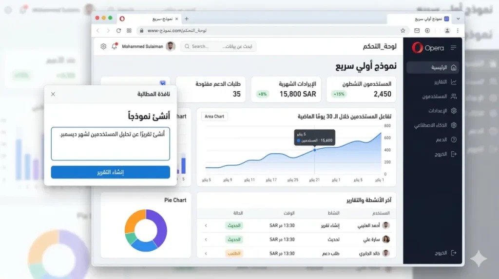 واجهة مستخدم توضح بناء نموذج أولي سريع لتطبيق SaaS باللغة العربية عبر أفضل منصات No-Code AI.