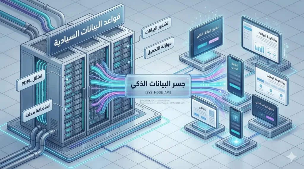 رسم تخطيطي احترافي يوضح الفصل المعماري المستقل والآمن بين واجهات الذكاء الاصطناعي (Frontend) وقواعد البيانات الخلفية (Backend) القوية، مع نصوص عربية دقيقة.