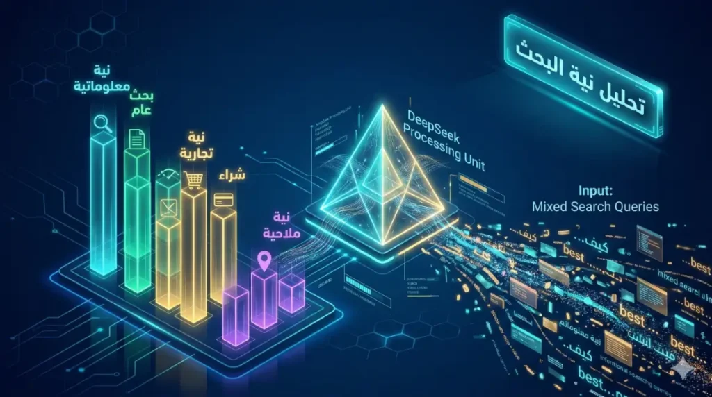 محاكاة بصرية لعملية تحليل نية البحث وتصنيف الكلمات المفتاحية باستخدام DeepSeek