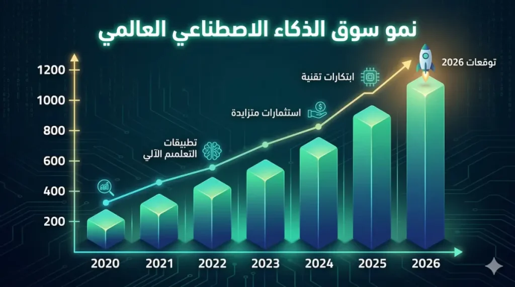 رسم بياني لنمو سوق الذكاء الاصطناعي العالمي والفرص المالية حتى 2026