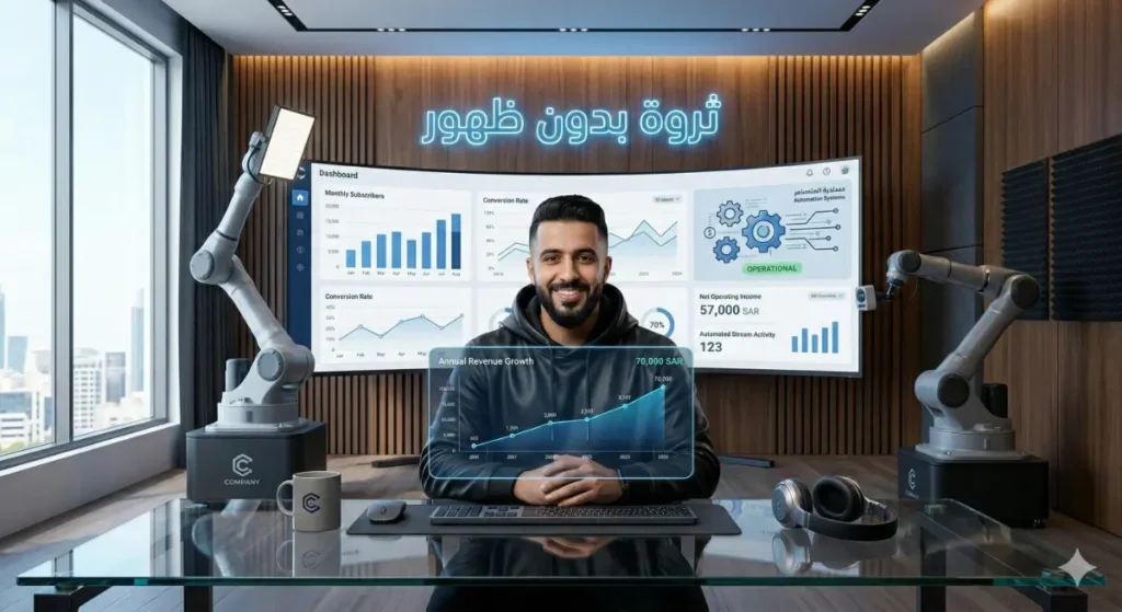 شخص يجلس باسترخاء يدير أرباح قنوات الذكاء الاصطناعي من شاشة لوحة تحكم متطورة