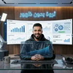 شخص يجلس باسترخاء يدير أرباح قنوات الذكاء الاصطناعي من شاشة لوحة تحكم متطورة