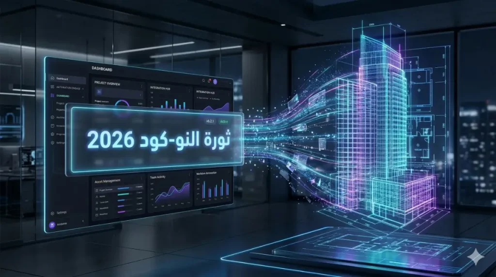 رسم تخطيطي مستقبلية يوضح عملية بناء تطبيقات بالذكاء الاصطناعي بلا برمجة في عام 2026 مع نصوص عربية دقيقة