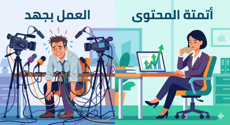مقارنة بين صانع المحتوى التقليدي المرهق أمام الكاميرات والمدير الذكي المعتمد على الأتمتة.