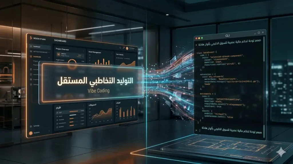 لقطة شاشة توضح عملية توليد واجهة لوحة تحكم مالية من أمر نصي عربي باستخدام أدوات التوليد التخاطبي (Vibe Coding).