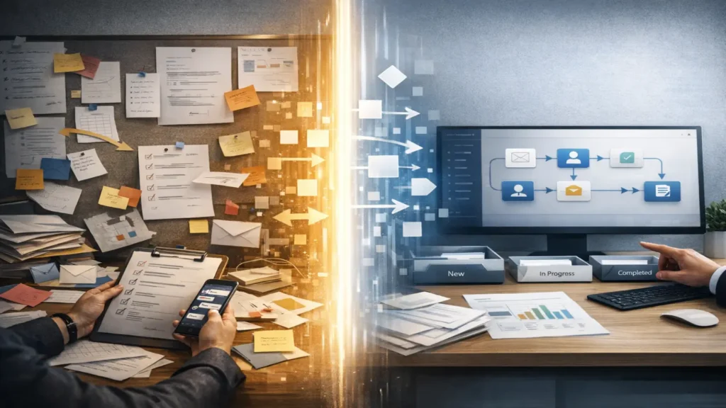 مشهد يوضح انتقال عملية أعمال متكررة من خطوات يدوية متفرقة إلى Workflow منظم ومدعوم بالذكاء الاصطناعي