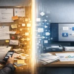 مشهد يوضح انتقال عملية أعمال متكررة من خطوات يدوية متفرقة إلى Workflow منظم ومدعوم بالذكاء الاصطناعي