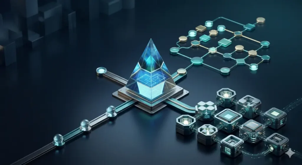 تصور بصري لمشروع خدمة أتمتة يتفرع إلى ثلاثة مسارات مختلفة لاختيار المنصة الأنسب للعميل