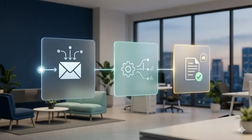 تمثيل بصري لمسار Workflow بسيط يبدأ بمدخل واضح وينتهي بنتيجة عملية للعميل بدون برمجة