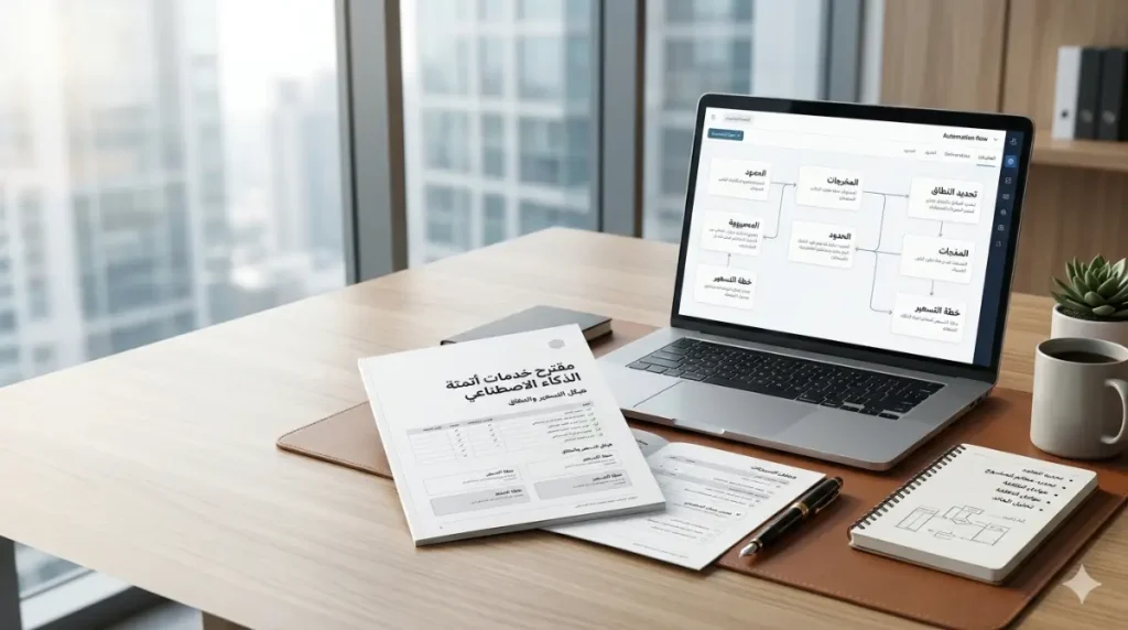 مستشار أعمال يراجع عرض سعر وخريطة أتمتة على مكتب حديث في مشهد يعبّر عن تسعير خدمات الأتمتة بالذكاء الاصطناعي