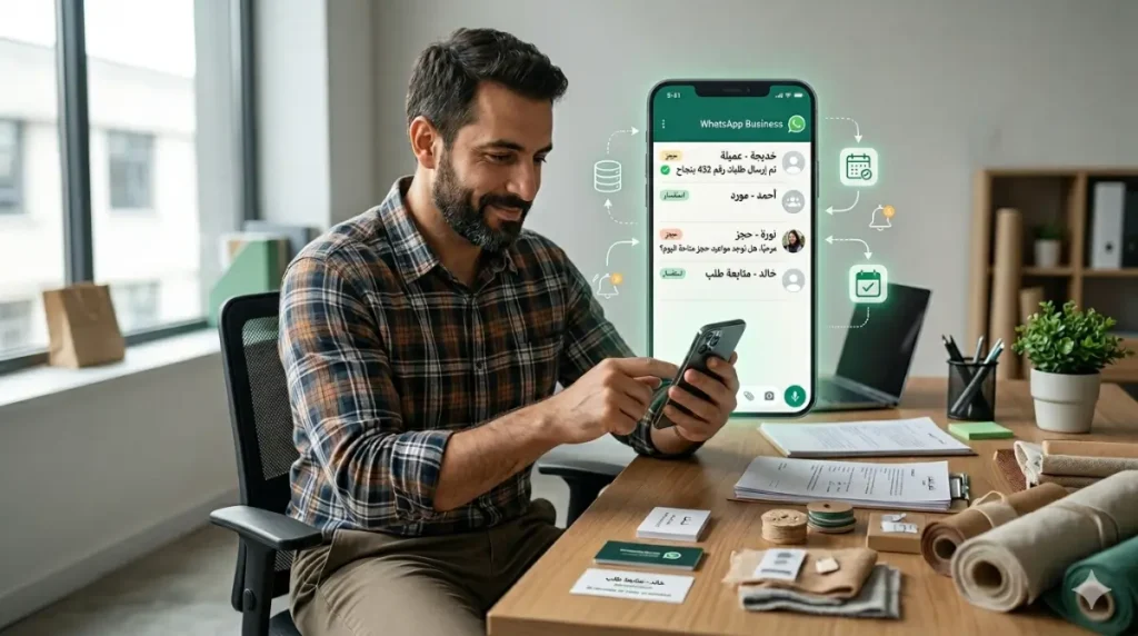واجهة واتساب باللغة العربية تظهر تنظيم رسائل العملاء وتحويلها إلى نظام أتمتة داخل شركة صغيرة